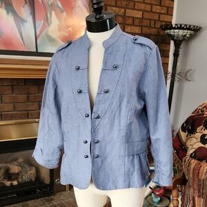 Chico's Sargeant Blue Salyta Military Style Cotton Linen Blend Spring Jacket